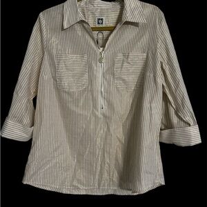 Anne Klein Quarter Beige Metallic Gold Striped Shimmer 3/4 Sleeve Top